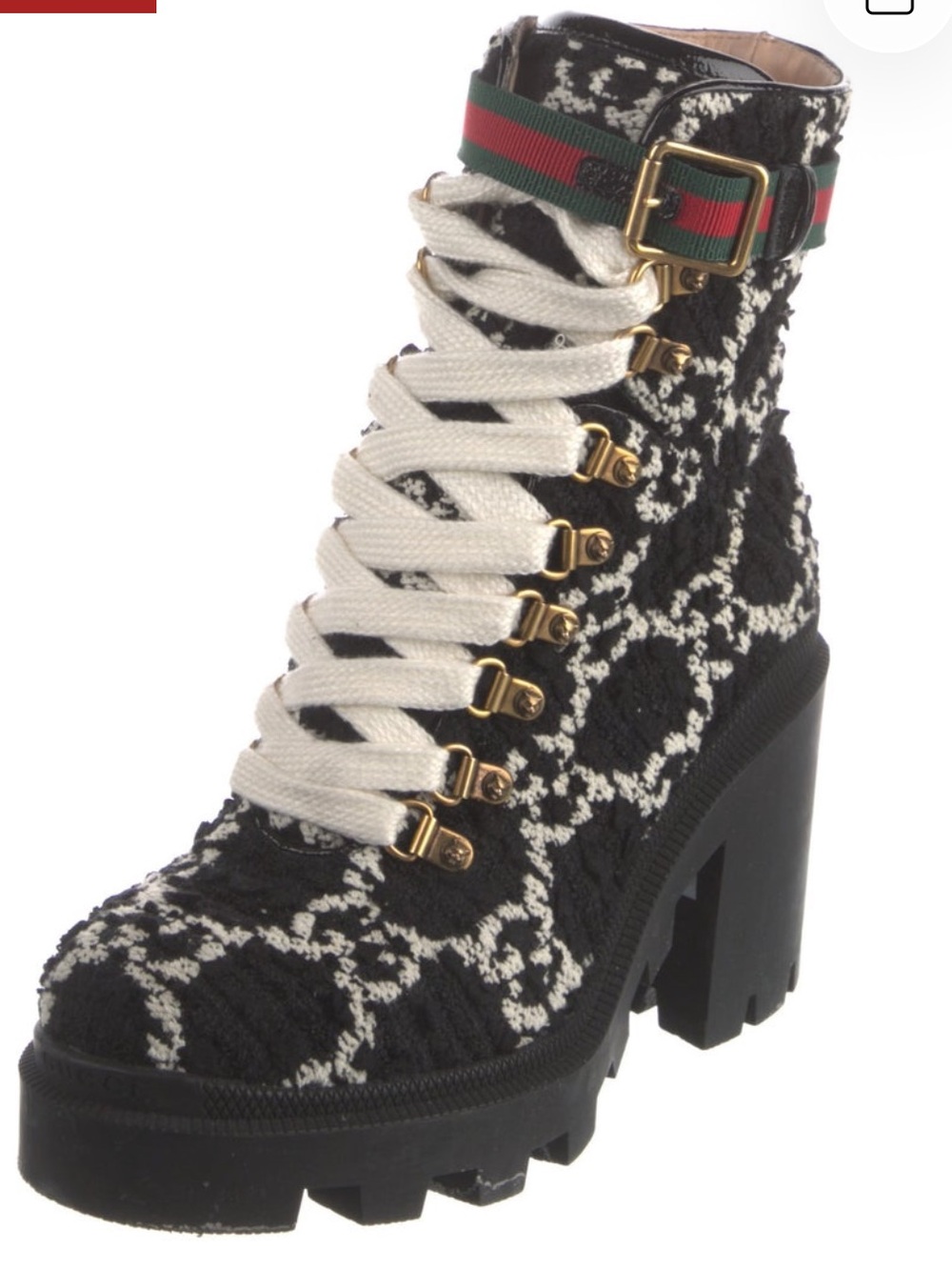 Gucci Black & White Tweed GG Combat Boots with Red-Green Web Strap 7/37
